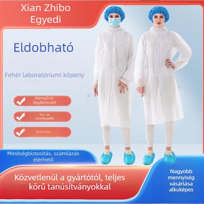Egyszer használatos fehér laboratóriumi köpeny nem szövött anyagból, porálló védőruha, munkaruha, izolációs köpeny