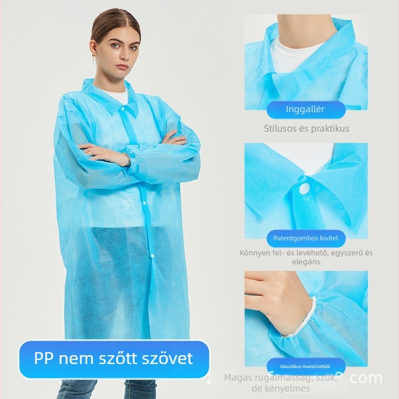 Egyszer használatos fehér laboratóriumi köpeny nem szövött anyagból, porálló védőruha, munkaruha, izolációs köpeny