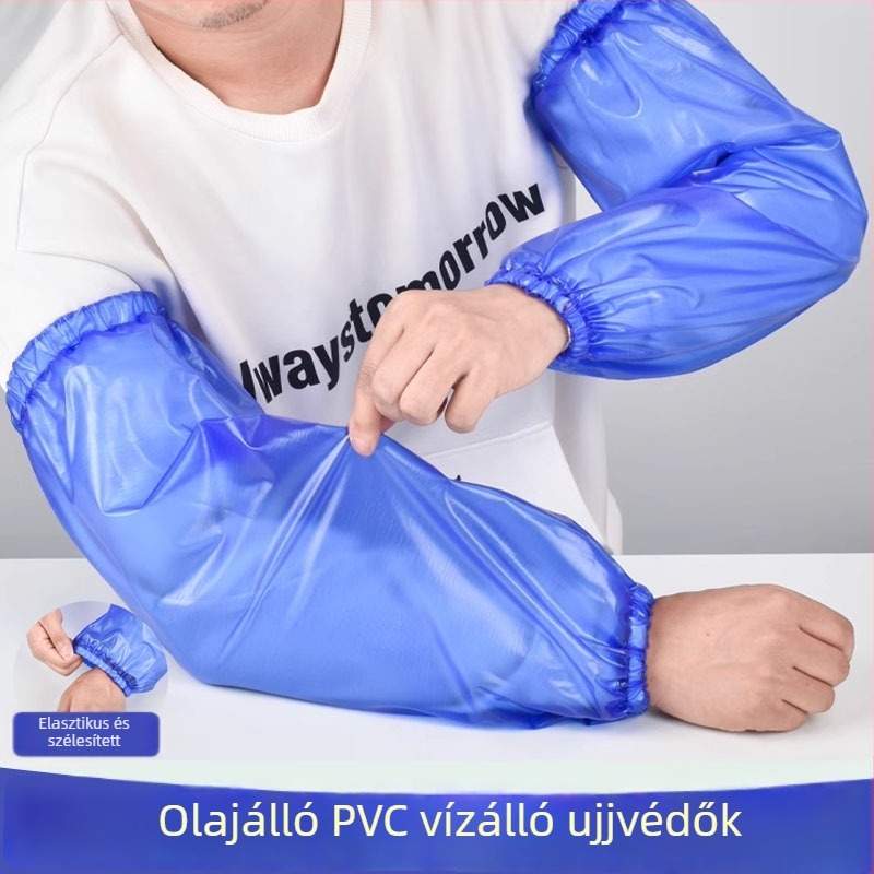 Kék PVC vízálló ujjvédők széles elasztikus végződéssel, megerősítettek, szennyeződés- és olajállóak, élelmiszeripari felhasználásra
