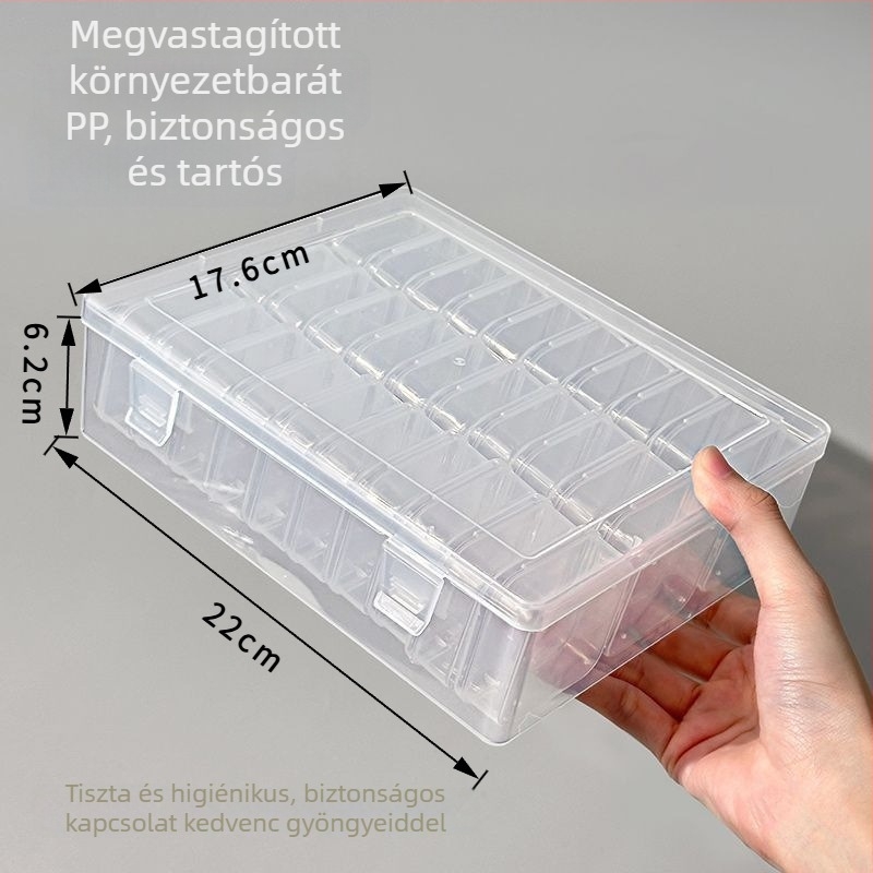 Ékszer tároló doboz, műanyag, osztott rekeszekkel, átlátszó kialakítás, kapacitás 2,2