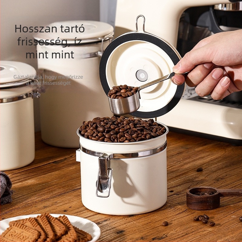 Rozsdamentes acél kávészemek tárolóedénye, 1–2 L, kerek, modern és egyszerű stílusban, mikrohullámú sütő nem használható