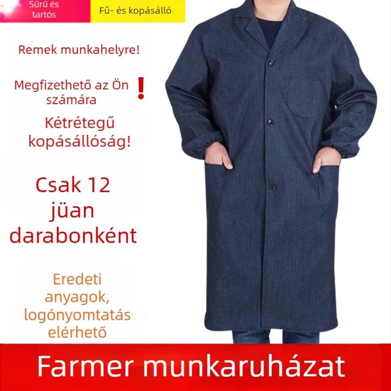 Unisex denim munkaruházat, kék, hosszú ujjú, könnyű, kopásálló és foltálló, hegesztéshez és anyagmozgatáshoz