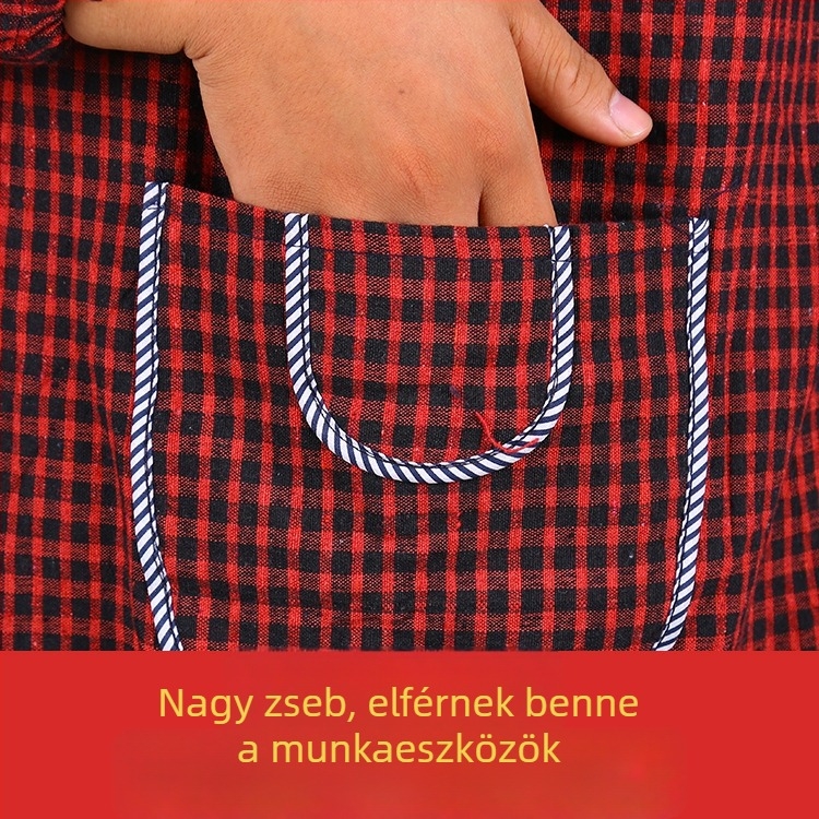 Uniszex konyhai smock hosszú ujjú, kockás pamut anyagból, vastított, extra-nagy méret, olajálló, pamut-len keverék