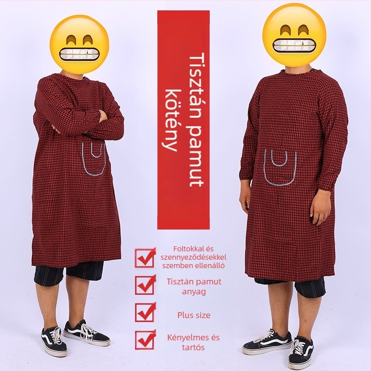 Uniszex konyhai smock hosszú ujjú, kockás pamut anyagból, vastított, extra-nagy méret, olajálló, pamut-len keverék