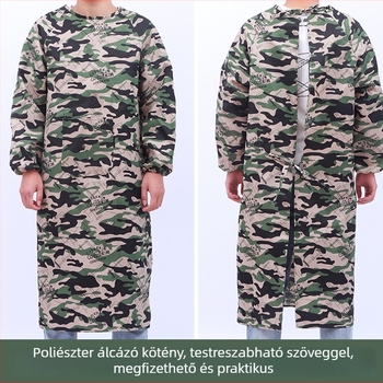 Férfi camuflázált, egydarabos munkaruha overál, hosszú ujjú, poliészter anyagból, kopásálló, por- és foltálló, műhelyben és gyárban történő használatra.
