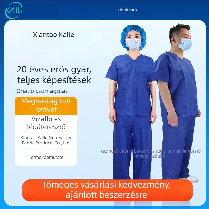 Egyszer használatos betegizolációs köpeny, SMS nemszövött anyag, vízálló és porálló, rövid ujjú, két részes készlet