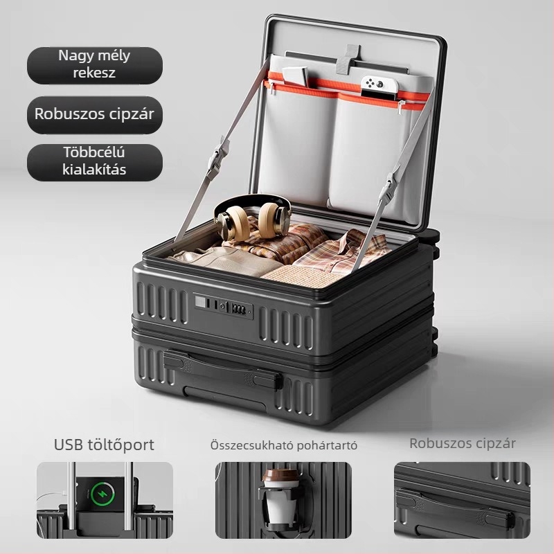 ABS anyagú oldalsó nyitású, mély rekeszű bőrönd, USB-port, telefon-tartó, univerzális kerekek, uniszex, Ősz 2024