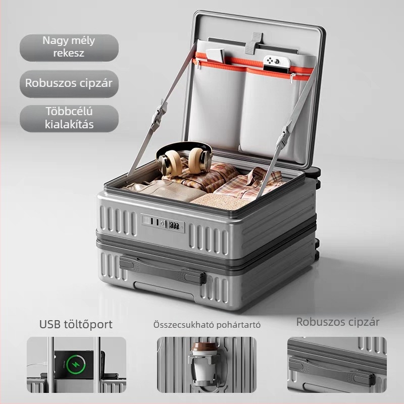 ABS anyagú oldalsó nyitású, mély rekeszű bőrönd, USB-port, telefon-tartó, univerzális kerekek, uniszex, Ősz 2024