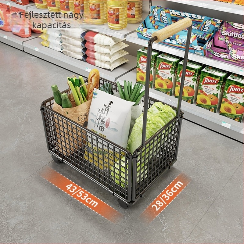 Hordozható négykerekű bevásárlókocsi húzókarúval — rozsdamentes és szénacélból, teherbírás 20 kg, modern minimalista kialakítás