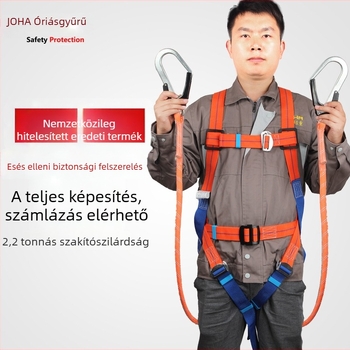 Öt pontos teljes testbiztonsági hám kültéri magassági munkákhoz, teherbírás 22 kN, polipropilén heveder, nagy szilárdságú huzalból készült kötél, különböző hosszúságú kötélopciók