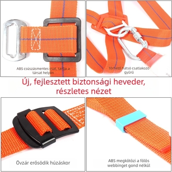 Öt pontos teljes testbiztonsági hám kültéri magassági munkákhoz, teherbírás 22 kN, polipropilén heveder, nagy szilárdságú huzalból készült kötél, különböző hosszúságú kötélopciók
