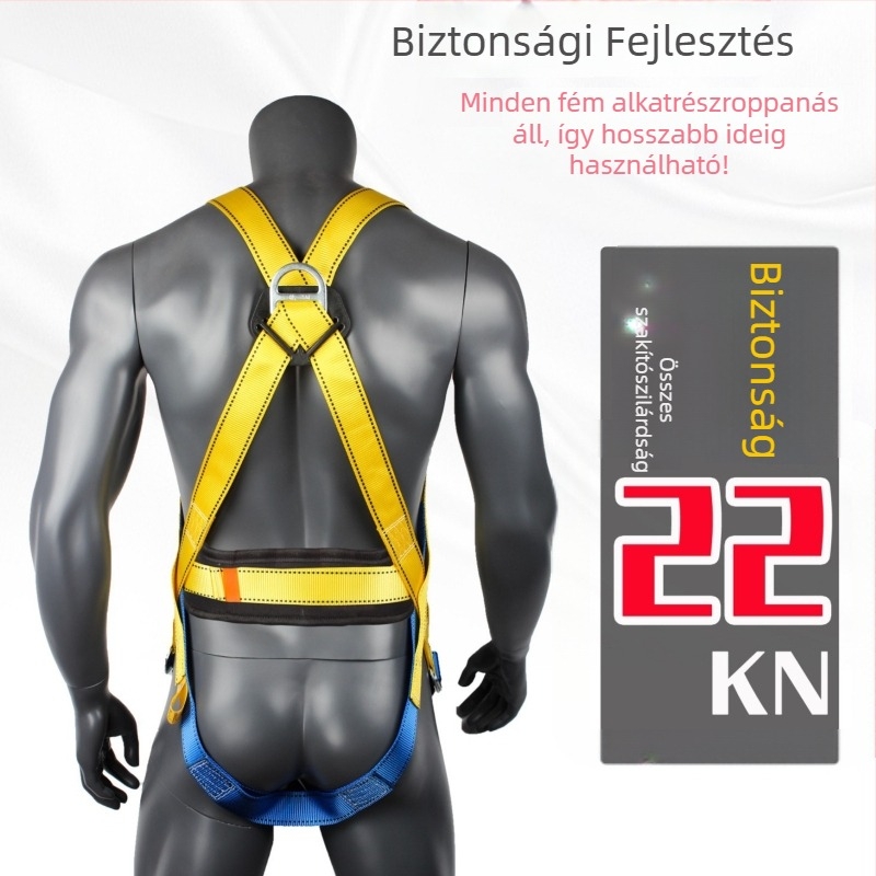 Ötpontos teljes testű biztonsági hám magassági munkákhoz és külső kivitelezésekhez, poliészter öv, nagy szilárdságú acélhuzal kötél