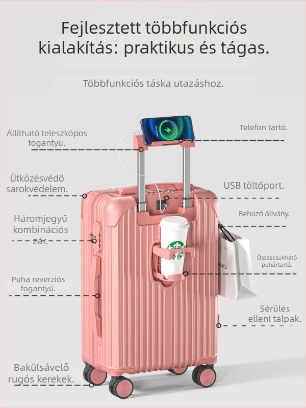 Utazó bőrönd ABS+PC burkolattal, cipzárral nyíló, súly 2,9 kg, jelszavas zár, univerzális kerekek