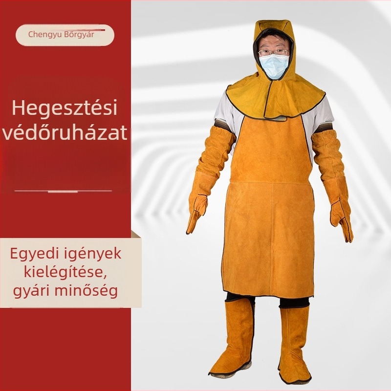 Tehénbőr hegesztővédőruha, négy darabos teljes testvédő készlet hegesztő kesztyűkkel, kötény, lábvédők és karvédők.