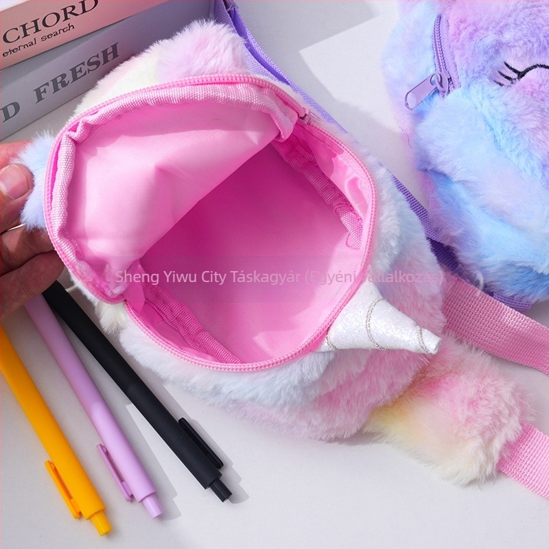 Gyerekeknek szóló plüss crossbody oldaltáska egyszarvú motívummal, tie-dye mintázat, hímzett, ultra könnyű, mindennapi használatra