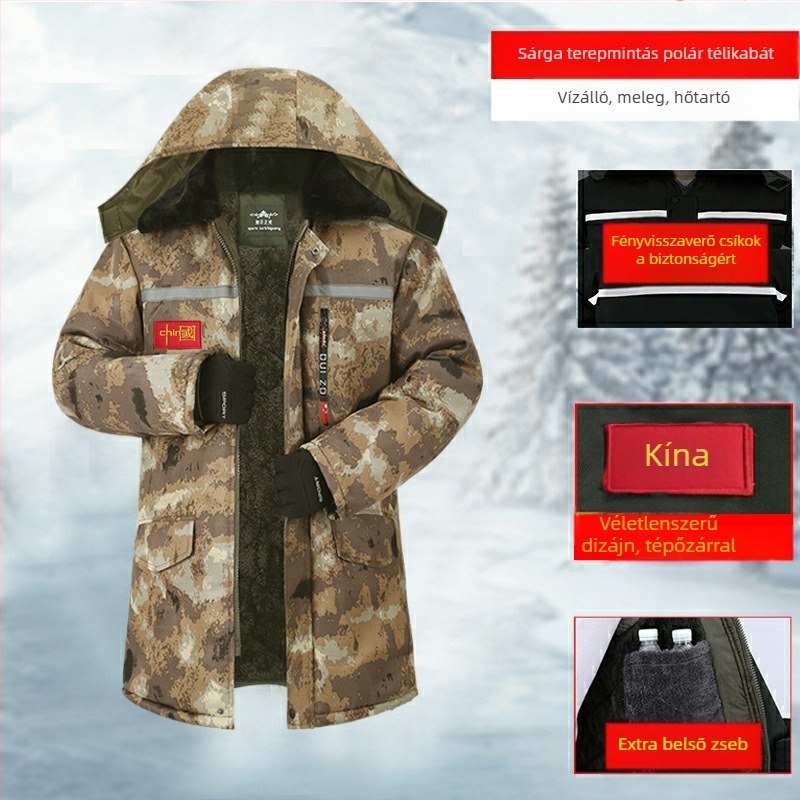 Férfi téli vastag középhosszú munkaruha camuflázs mintázatú külső ruházat építkezésekhez