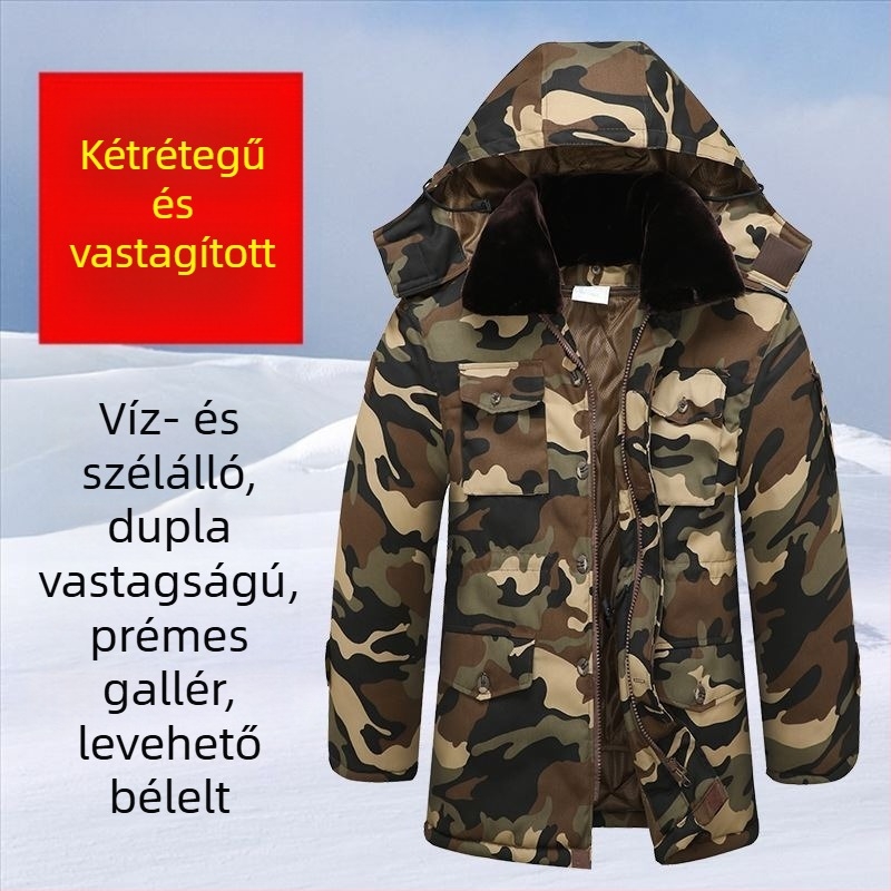 Kamufláž pamut bélelt kabát, középhosszú, téli, kopásálló, katonai taktikai