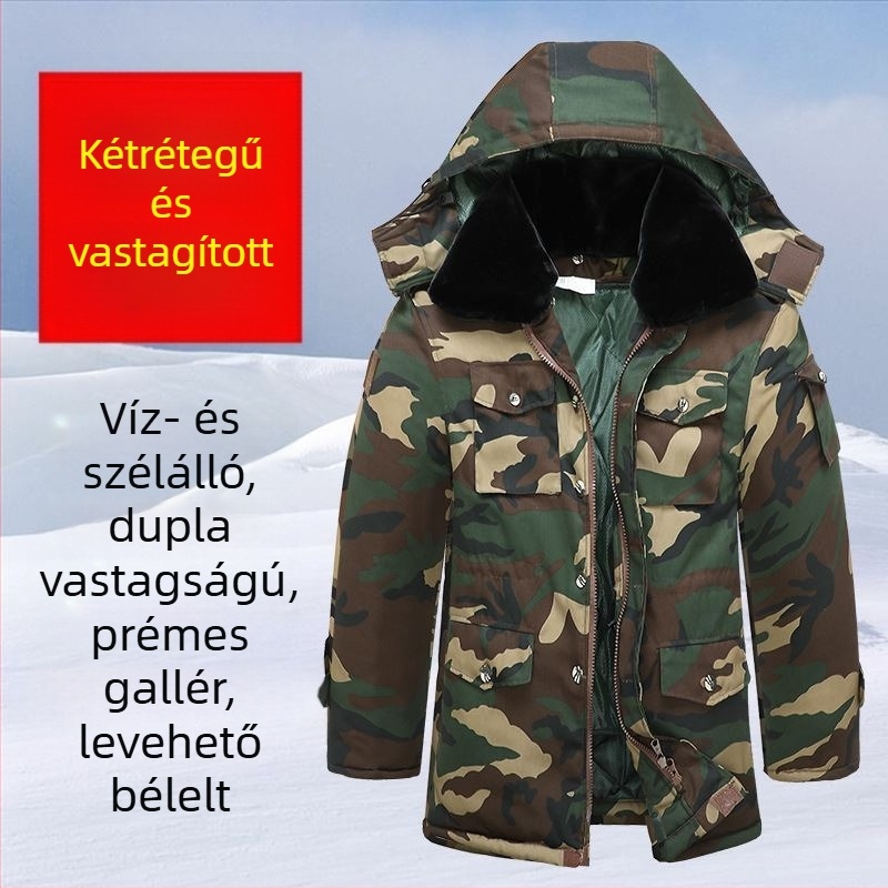 Kamufláž pamut bélelt kabát, középhosszú, téli, kopásálló, katonai taktikai