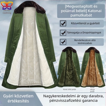 Férfiaknak készült vastag fleece-beléssel ellátott pamutkabát, téli hosszú fazon, katonai zöld, meleg és vízálló, szélálló.