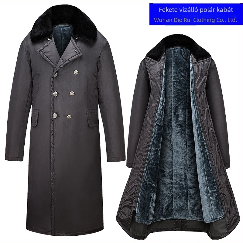 Férfiaknak készült vastag fleece-beléssel ellátott pamutkabát, téli hosszú fazon, katonai zöld, meleg és vízálló, szélálló.
