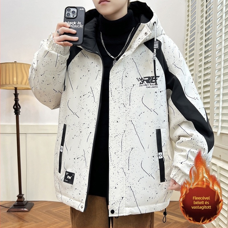 Téli pamut töltött kapucnis dzseki, camouflage minta, fleece bélés, cipzáras zárás, fiúknak és tiniknek