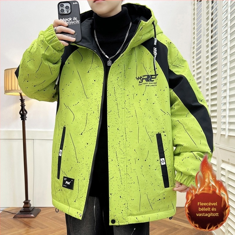 Téli pamut töltött kapucnis dzseki, camouflage minta, fleece bélés, cipzáras zárás, fiúknak és tiniknek