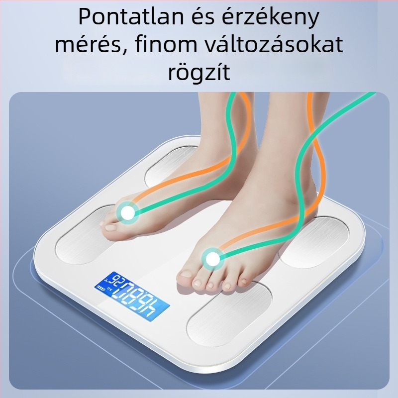Elektronikus testzsírmérleg, pontos és intelligens, újratölthető, otthoni használatra; méri a testsúlyt, testzsírt, kalóriát és nedvességet