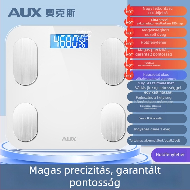 Elektronikus testzsírmérleg, pontos és intelligens, újratölthető, otthoni használatra; méri a testsúlyt, testzsírt, kalóriát és nedvességet
