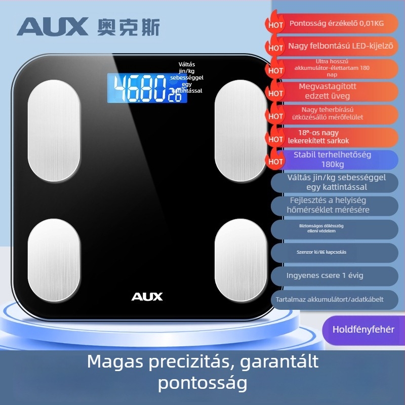 Elektronikus testzsírmérleg, pontos és intelligens, újratölthető, otthoni használatra; méri a testsúlyt, testzsírt, kalóriát és nedvességet