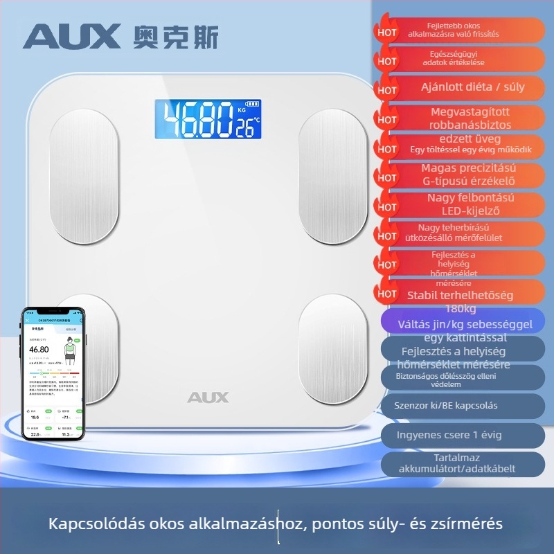 Elektronikus testzsírmérleg, pontos és intelligens, újratölthető, otthoni használatra; méri a testsúlyt, testzsírt, kalóriát és nedvességet
