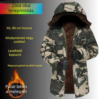Férfi téli katonai mintás pamut kabát fleece-betéttel, vastag anyag, közepes vagy rövid hosszúságú