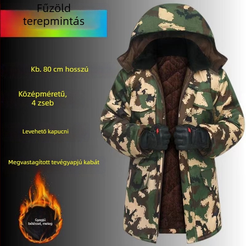 Férfi téli katonai mintás pamut kabát fleece-betéttel, vastag anyag, közepes vagy rövid hosszúságú