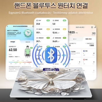 3D pillangó dizájnnal rendelkező testzsírszál mérleg, 180 kg teherbírás, ABS burkolat, 5 m vezeték nélküli hatótáv, 220V tápegység, testzsír és testfolyadék mérése