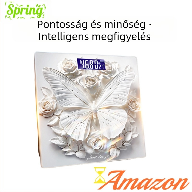 3D pillangó dizájnnal rendelkező testzsírszál mérleg, 180 kg teherbírás, ABS burkolat, 5 m vezeték nélküli hatótáv, 220V tápegység, testzsír és testfolyadék mérése