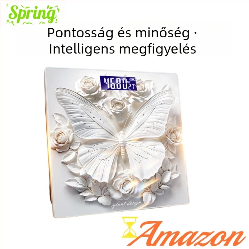 3D pillangó dizájnnal rendelkező testzsírszál mérleg, 180 kg teherbírás, ABS burkolat, 5 m vezeték nélküli hatótáv, 220V tápegység, testzsír és testfolyadék mérése