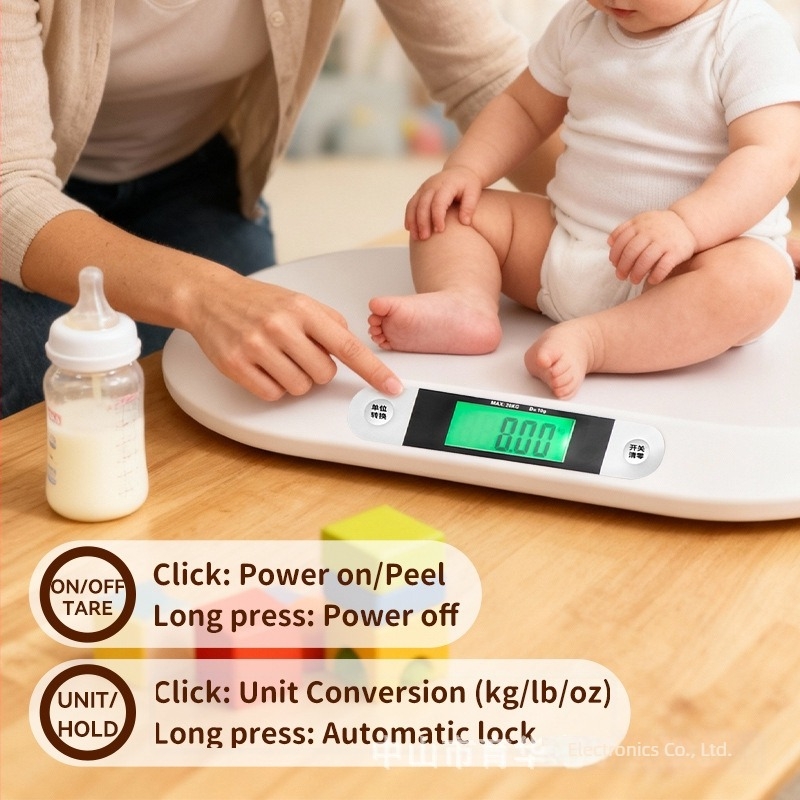 Elektronikus baba mérleg csecsemőknek és kisgyermekeknek – nagy pontosságú érzékelő, tartomány 0,05–20 kg, LCD kijelző, gombos működés, ABS ház