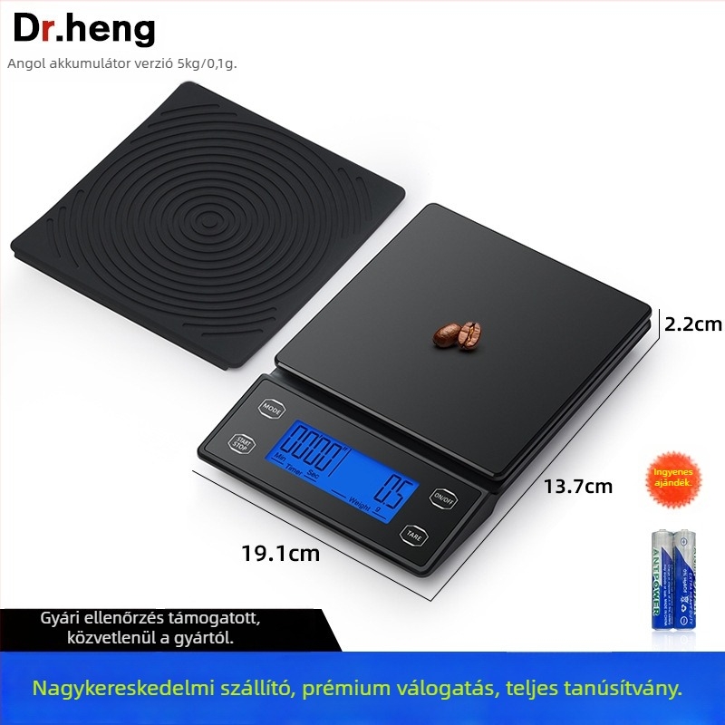 Kávé digitális mérleg automatikus időzítővel, modell DH-8701, 5 kg kapacitás, méretek 19×13,2×2,2 cm, üzemeltetés: 2×AAA