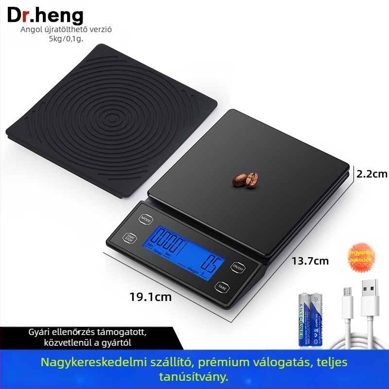 Kávé digitális mérleg automatikus időzítővel, modell DH-8701, 5 kg kapacitás, méretek 19×13,2×2,2 cm, üzemeltetés: 2×AAA