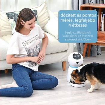 Automata etető alkalmazásvezérléssel, levehető kialakítás, alkalmas kutyáknak és macskáknak, tömeg 1600 g