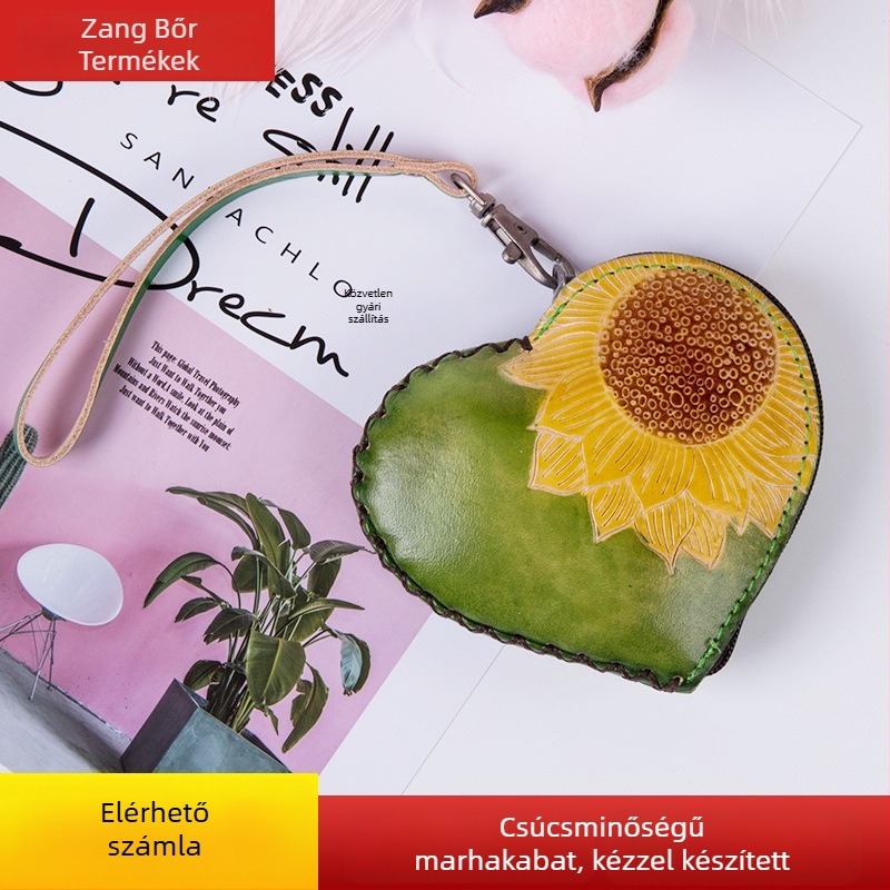 Érme erszény – valódi bőr, első réteg marhabőrből, virágos gravírozás, uniszex, tárolható