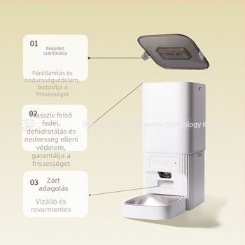 Intelligens automata etető macskáknak és kutyáknak, alkalmazásvezérléssel és kamerával, Pf-19 modell, leválasztható