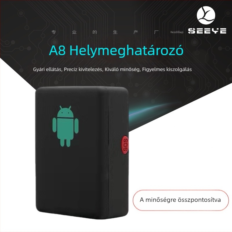 A8 GPS nyomkövető SOS és kerítésriasztással, méretek 43×32×14 mm, akkumulátor üzemideje 3–5 nap, GPS/LBS helymeghatározás 50–200 m