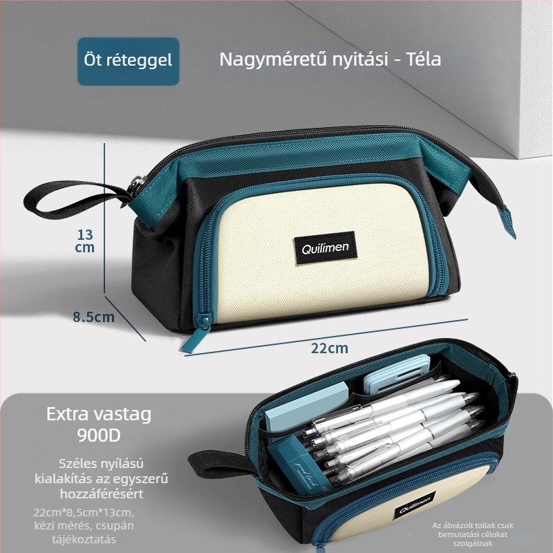 Nagy nyílású tolltartó közép- és gimnáziumi diákoknak, egyedi stílus, letisztult dizájn, nagy kapacitású írószerek tárolására