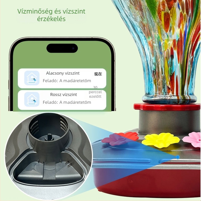 Üveges madáretető kamerával, virágos mintával, 2K dizájn, víz- és etető adagoló