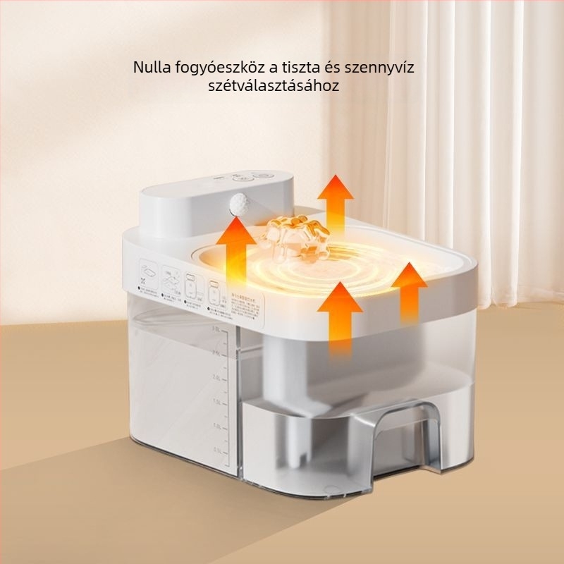 Macska- és kutyák számára állandó hőmérsékletű vízadagoló, 0 fogyóanyag, automatikus vízellátás, tiszta és szennyezett víz szétválasztása, áramló víz, levehető, áram nélkül