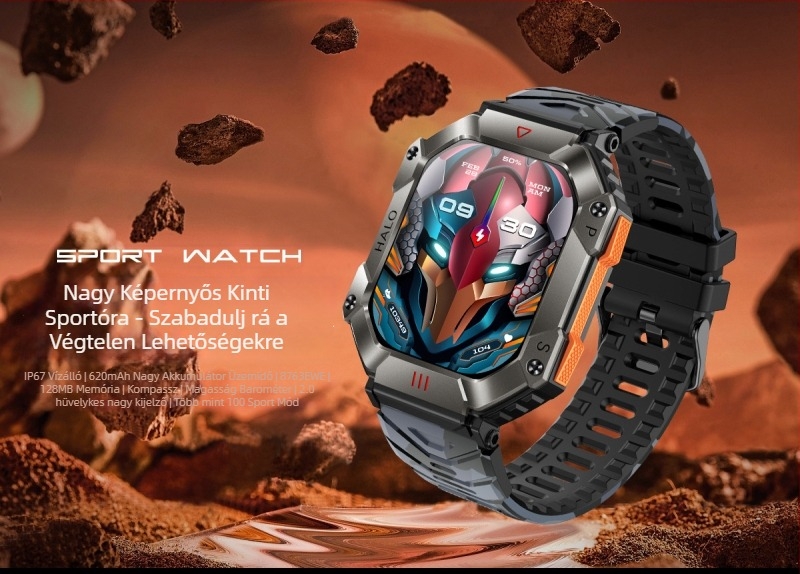 Okosóra iránytűvel, magasságmérővel, vérnyomásméréssel, Bluetooth hívásokkal és AMOLED négyszögletes kijelzővel