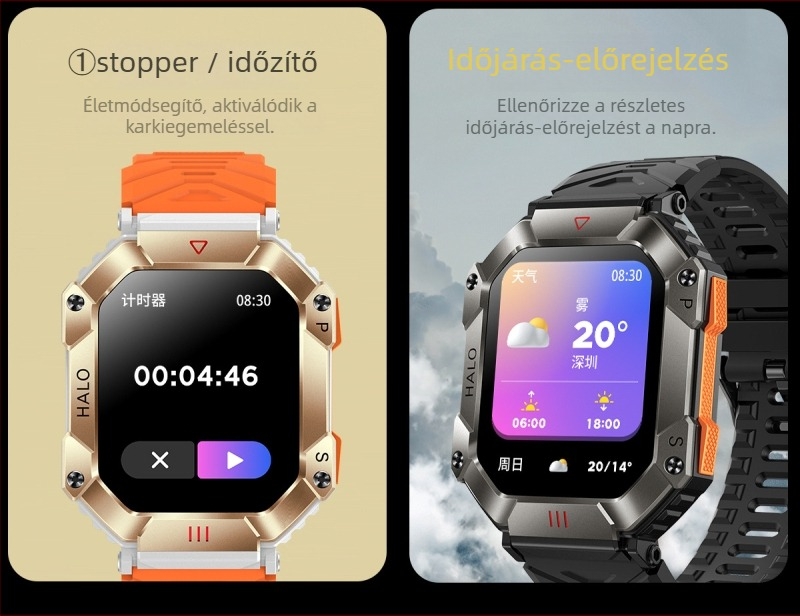 Okosóra iránytűvel, magasságmérővel, vérnyomásméréssel, Bluetooth hívásokkal és AMOLED négyszögletes kijelzővel