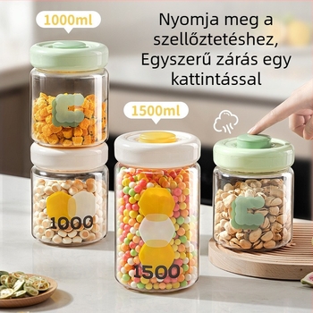 Gabona tároló üveg zárható fedéllel, élelmiszer-minőségű műanyagból, kerek forma, testreszabás elérhető