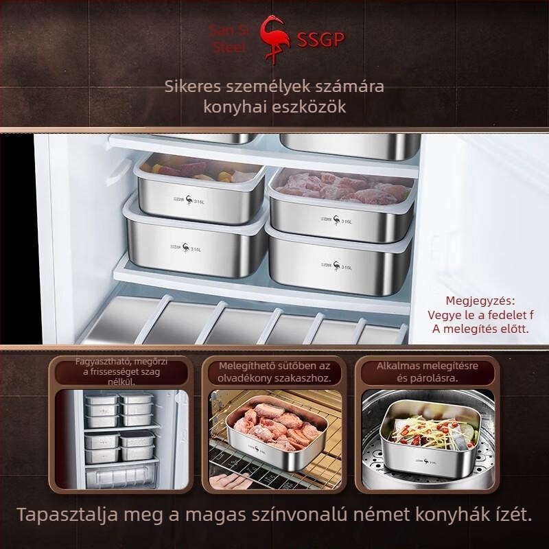 316L rozsdamentes acélból készült ételtároló, téglalap alakú, 500 ml, mikrohullámú sütő kompatibilis, fagyasztó funkció