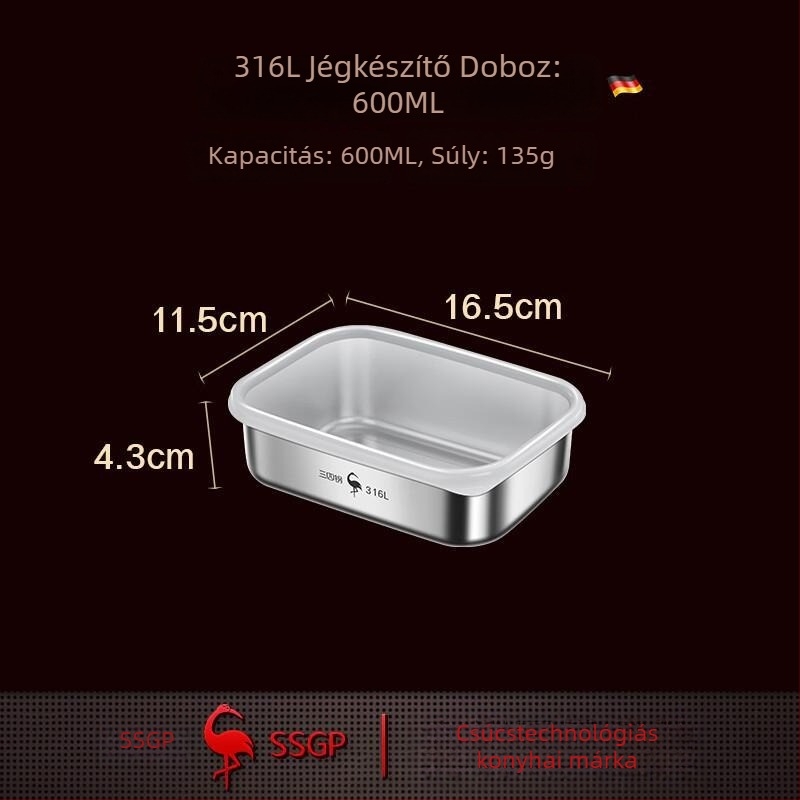 316L rozsdamentes acélból készült ételtároló, téglalap alakú, 500 ml, mikrohullámú sütő kompatibilis, fagyasztó funkció